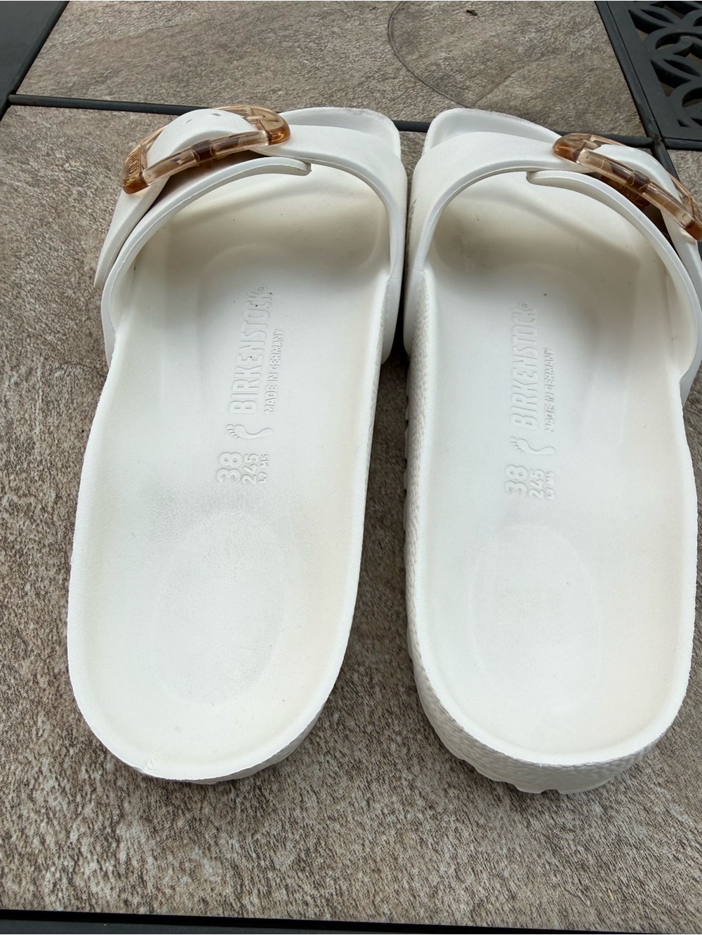 Birkenstock White Madrid EVA Slide Sandals with Tan-Gold Big Buckles - Picture 7 of 10